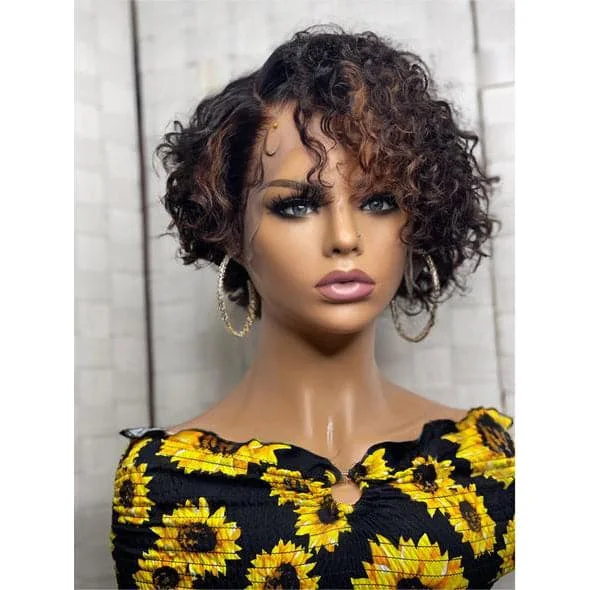 Premium No Lace Wigs Collection--Brown Streak Curly Pixie Cut 13x6 Lace Front Wig