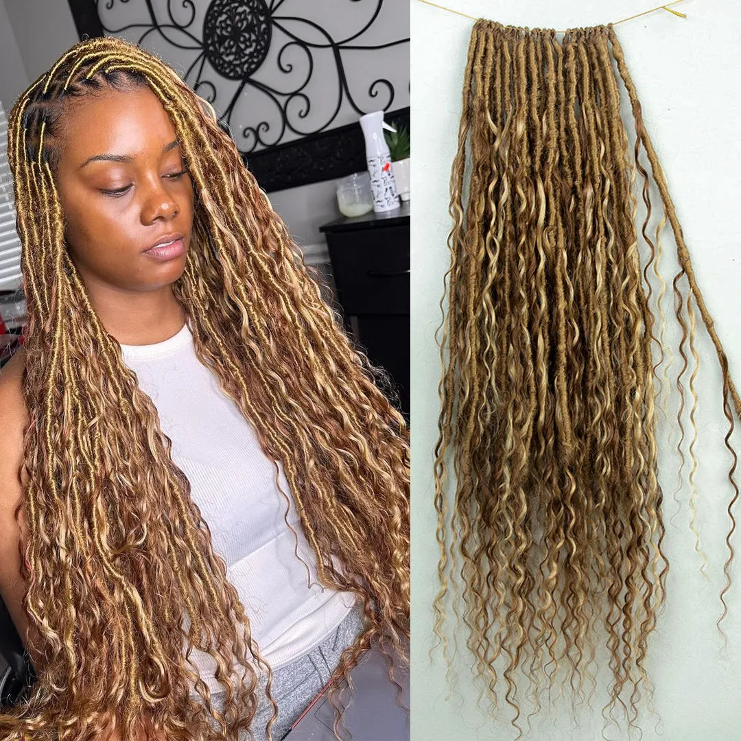 Crochet Braids with Pre-Twisted Hair-Pre-looped Blonde Brown Mixed Crochet Boho Locs with Human Hair Curls Crochet Braids with Pre-Twisted Hair-Pre-looped Blonde Brown Mixed Crochet Boho Locs with Human Hair Curls