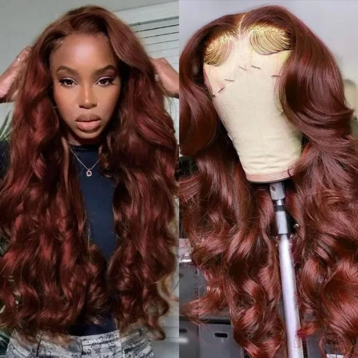 Klaiyi Brunette Auburn Copper 13x4 Pre everything Lace Frontal Wig Body Wave Virgin Human Hair Reddish Brown Colortop-rated no lace wigs, best wigs, high-quality no lace wigs, top-rated glueless wigs