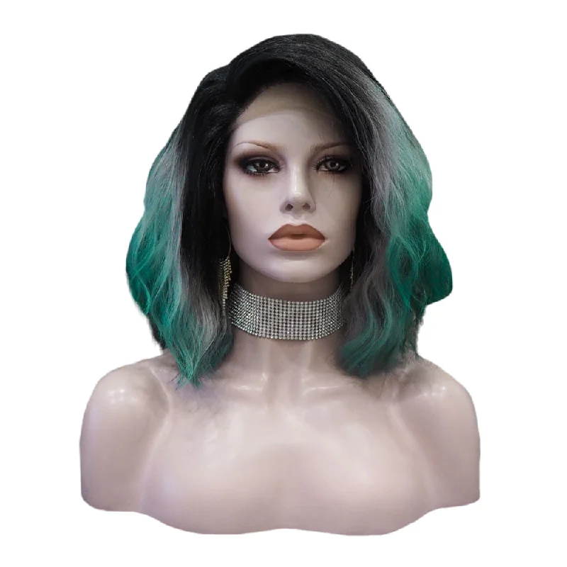 Premium Wig - Ombre Grey Turquoise Medium Curl Lace Front Wigtop-rated no lace wigs, best wigs, high-quality no lace wigs, top-rated glueless wigs