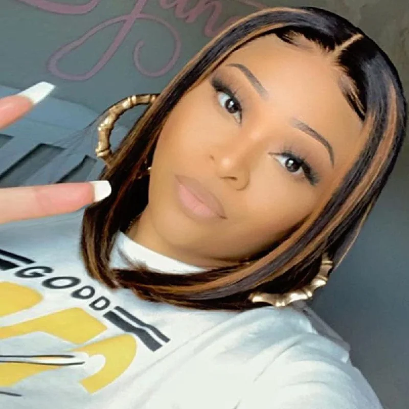 Premium No Lace Wigs Collection--Marsha Brown Highlighted Straight 13X6 Lace Front Bob Wig