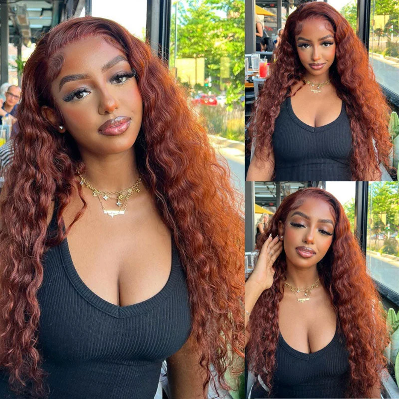 Klaiyi Pre-cut Lace Put On and Go Auburn Color Water Wave Reddish Brown Color Wigs Flash Saletop-rated no lace wigs, best wigs, high-quality no lace wigs, top-rated glueless wigs