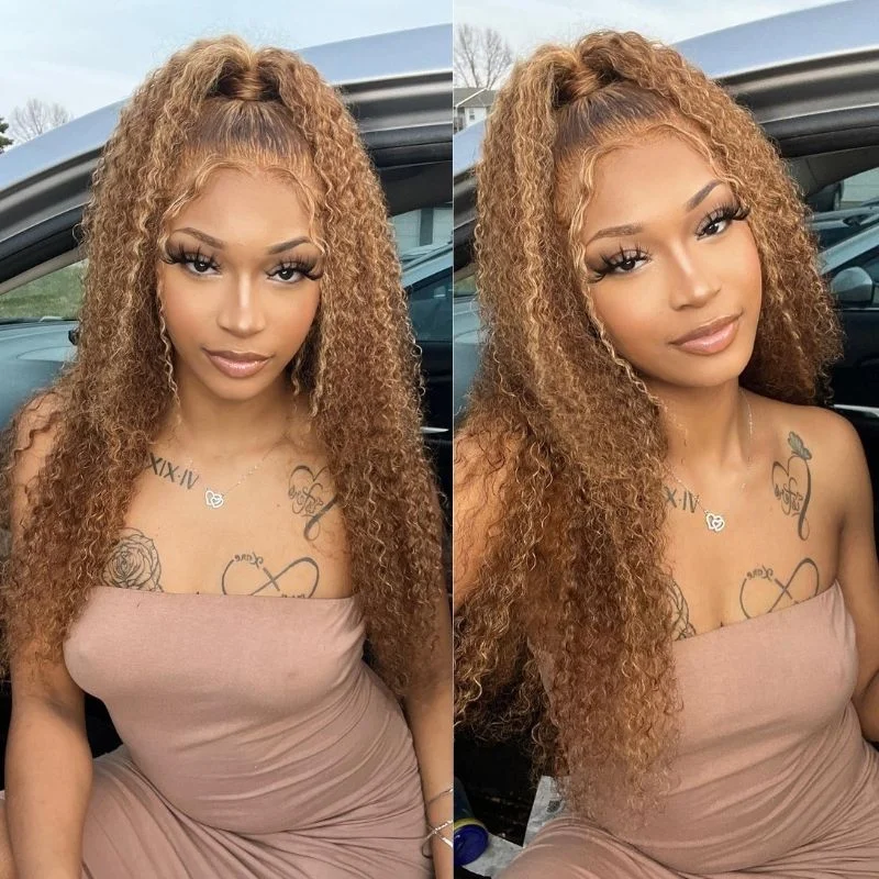 Klaiyi Honey Blonde Highlight Lace Frontal Wig Pre Plucked Jerry Curly Natural Density Human Hair Wigstop-rated no lace wigs, best wigs, high-quality no lace wigs, top-rated glueless wigs