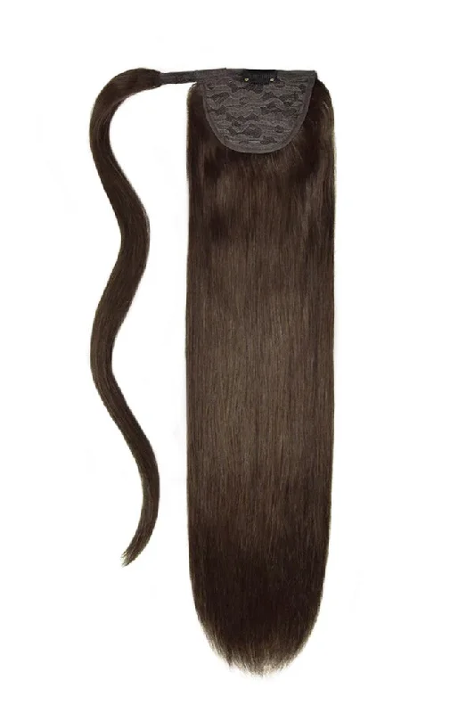 clip-in ponytail extensions, premium ponytail extensions, high-quality clip-in ponytails, 100% human hair ponytails---Dark Brown (#3) Straight Up Wrap Around Ponytail clip-in ponytail extensions, premium ponytail extensions, high-quality clip-in ponytails, 100% human hair ponytails---Dark Brown (#3) Straight Up Wrap Around Ponytail