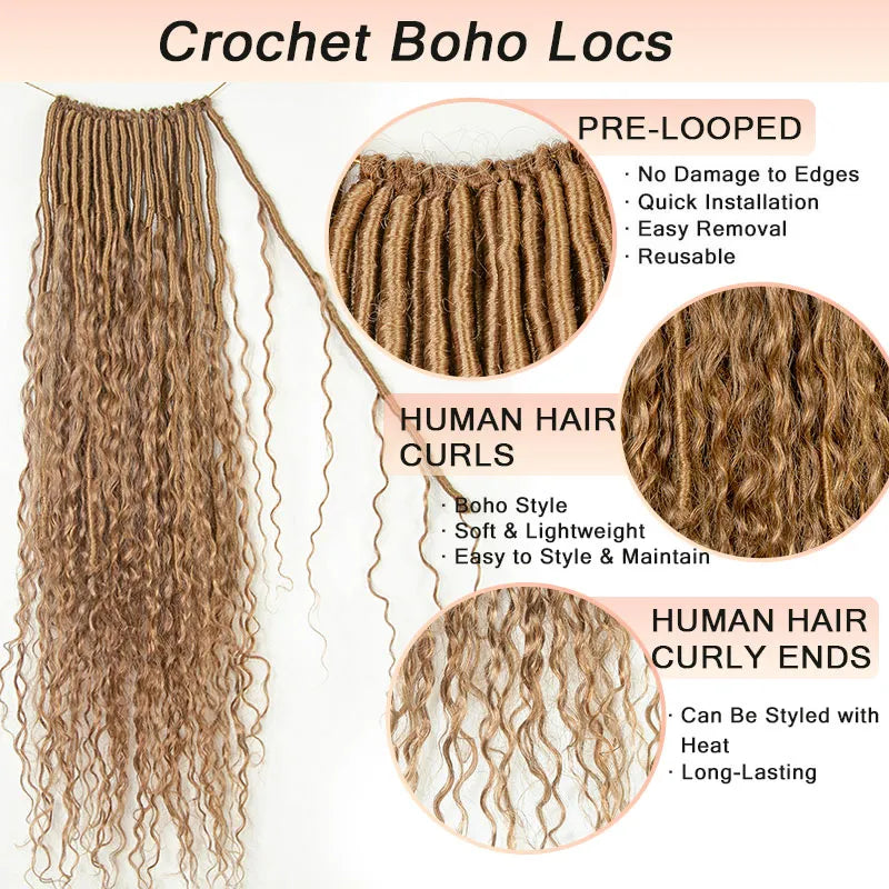 Crochet Braids for a Natural Feel-#27 Honey Blonde Pre-looped Crochet Boho Locs with Human Hair Curls Crochet Braids for a Natural Feel-#27 Honey Blonde Pre-looped Crochet Boho Locs with Human Hair Curls