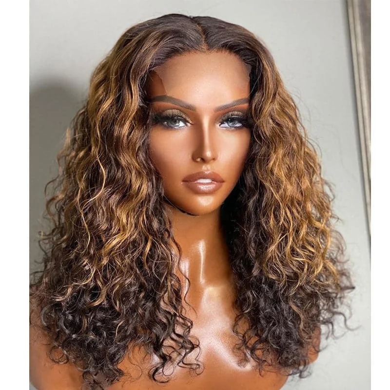 Premium No Lace Wigs Collection---Fancy - Deep Wave #4 Chocolate Brown with #27 Honey Blonde 5X5 Lace Closure Wig Premium No Lace Wigs Collection---Fancy - Deep Wave #4 Chocolate Brown with #27 Honey Blonde 5X5 Lace Closure Wig