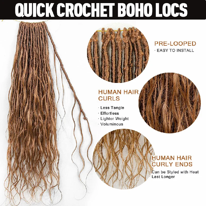 Crochet Braids for Low Maintenance-Pre-looped Light Auburn Human Hair Crochet Boho Locs With Body Wave Curls Crochet Braids for Low Maintenance-Pre-looped Light Auburn Human Hair Crochet Boho Locs With Body Wave Curls