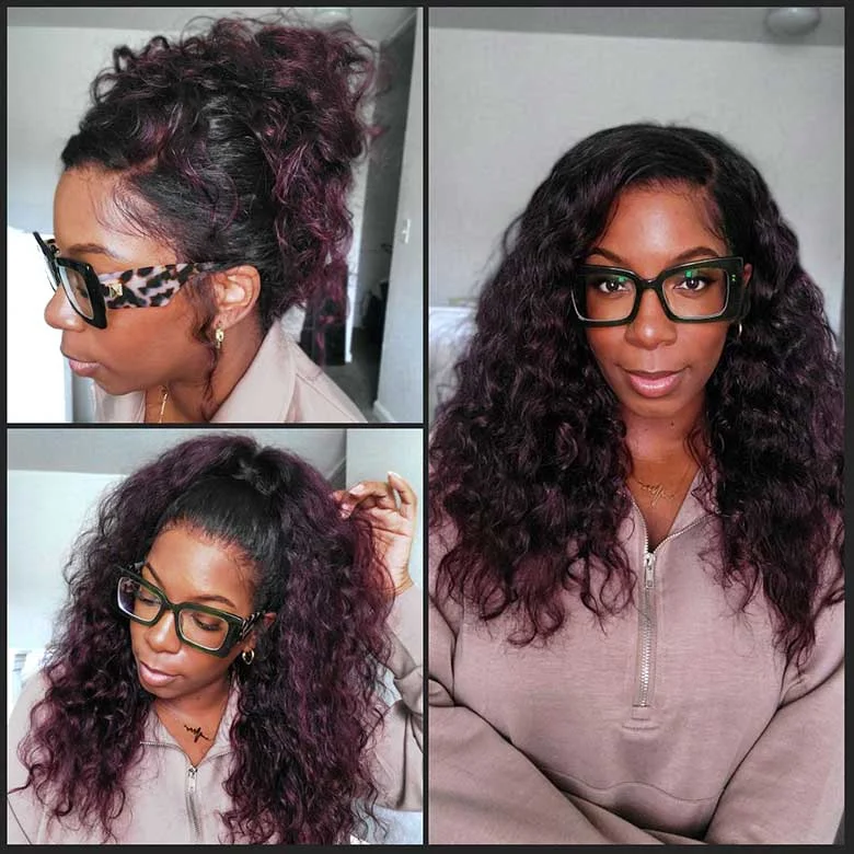 Klaiyi Dark Plum Color 13x4 Water Wave Pre-Everything™ Lace Frontal Wig with Dark Roots Glueless Wigtop-rated no lace wigs, best wigs, high-quality no lace wigs, top-rated glueless wigs
