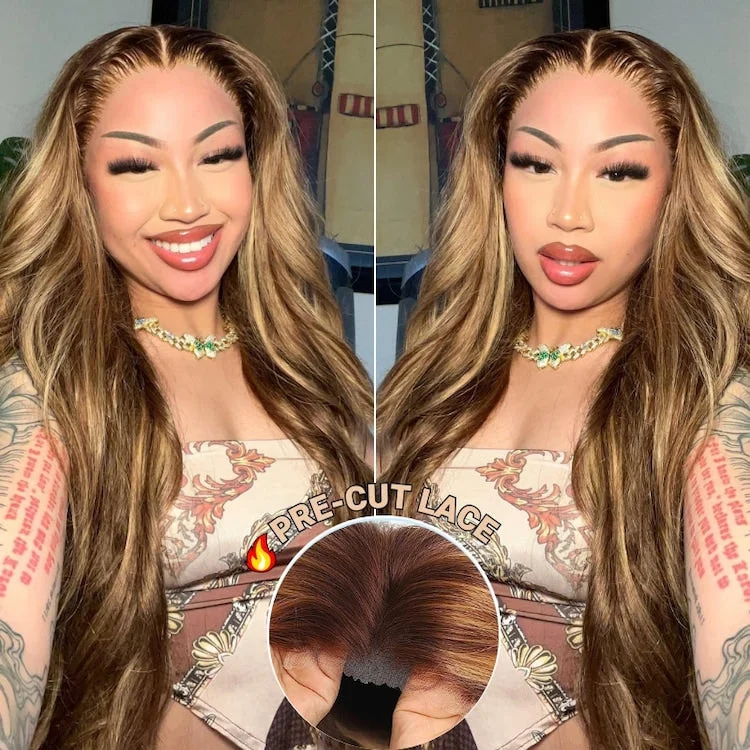 Klaiyi 7x5 Pre-cut Glueless Wig Put On and Go Highlight Blonde Body Wave Bleach Knots Wig Human Hairtop-rated no lace wigs, best wigs, high-quality no lace wigs, top-rated glueless wigs