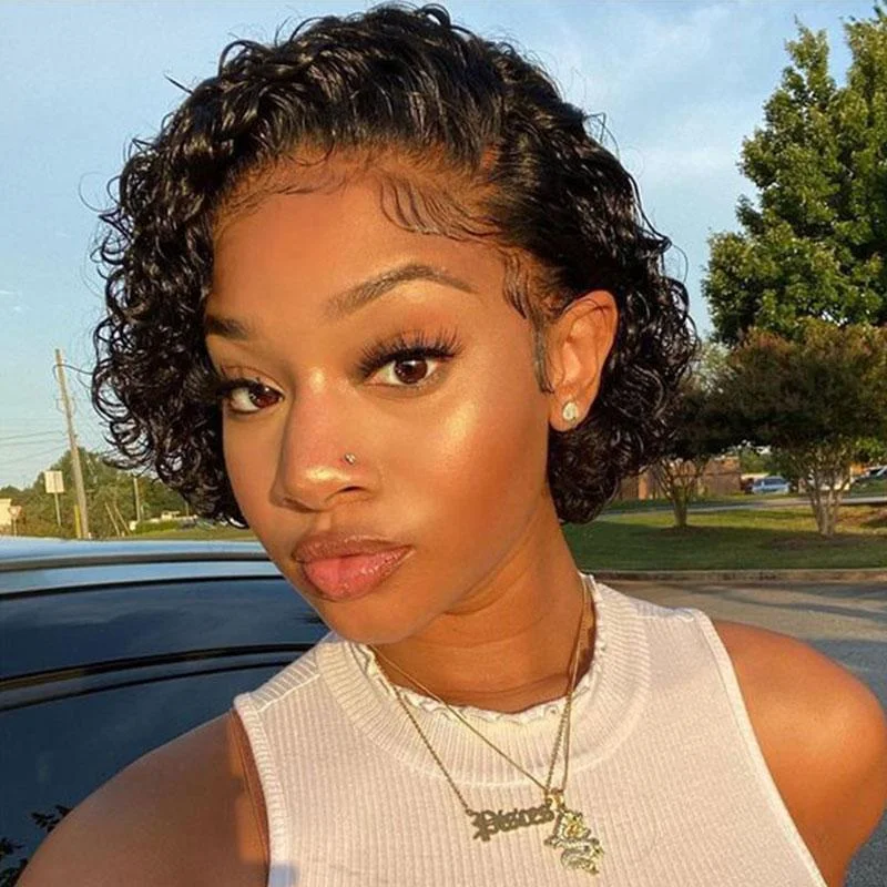 Klaiyi Short Pixie Cut Lace Front Bob Wigs Virgin Human Hair Water Curly Hair Wigstop-rated no lace wigs, best wigs, high-quality no lace wigs, top-rated glueless wigs