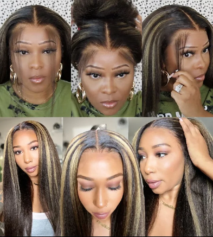 Premium No Lace Wigs Collection--Highlighted Kinky Straight Human Hair 13 x 6 Lace Front Wig AH69