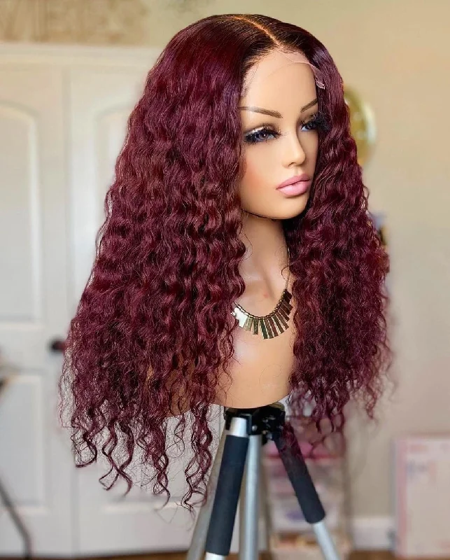 Premium No Lace Wigs Collection---Burgundy Curly 5x5 Lace Closure Wig