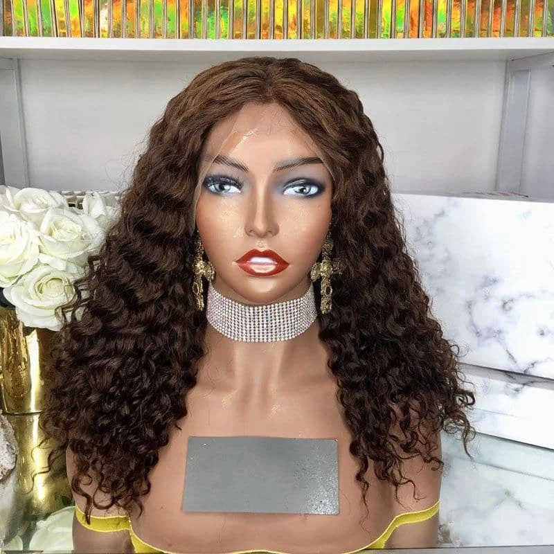 Premium No Lace Wigs Collection--Chestnut Brown Curly 13x6 Lace Front Wig YW18