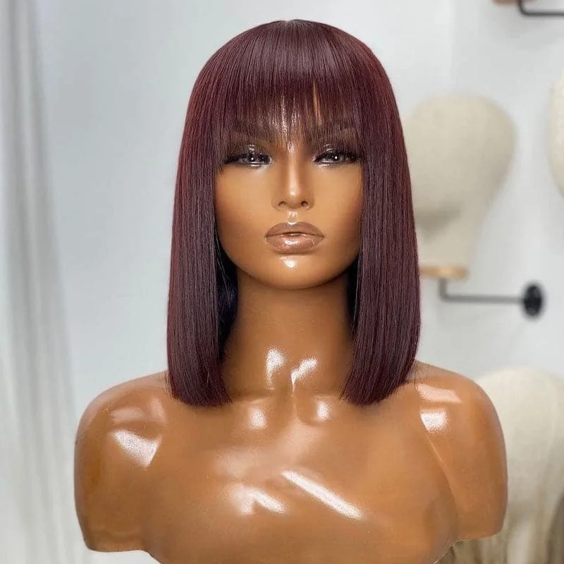 Premium No Lace Wigs Collection---Kim #99J Burgundy Bang Wig Straight 5x5 Lace Closure Bob Wigs Premium No Lace Wigs Collection---Kim #99J Burgundy Bang Wig Straight 5x5 Lace Closure Bob Wigs