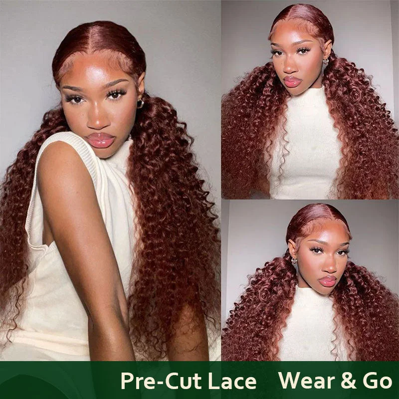 Klaiyi Pre-Cut Lace Wig Put On and Go Reddish Brown Lace Wig Jerry Curl Wigtop-rated no lace wigs, best wigs, high-quality no lace wigs, top-rated glueless wigs