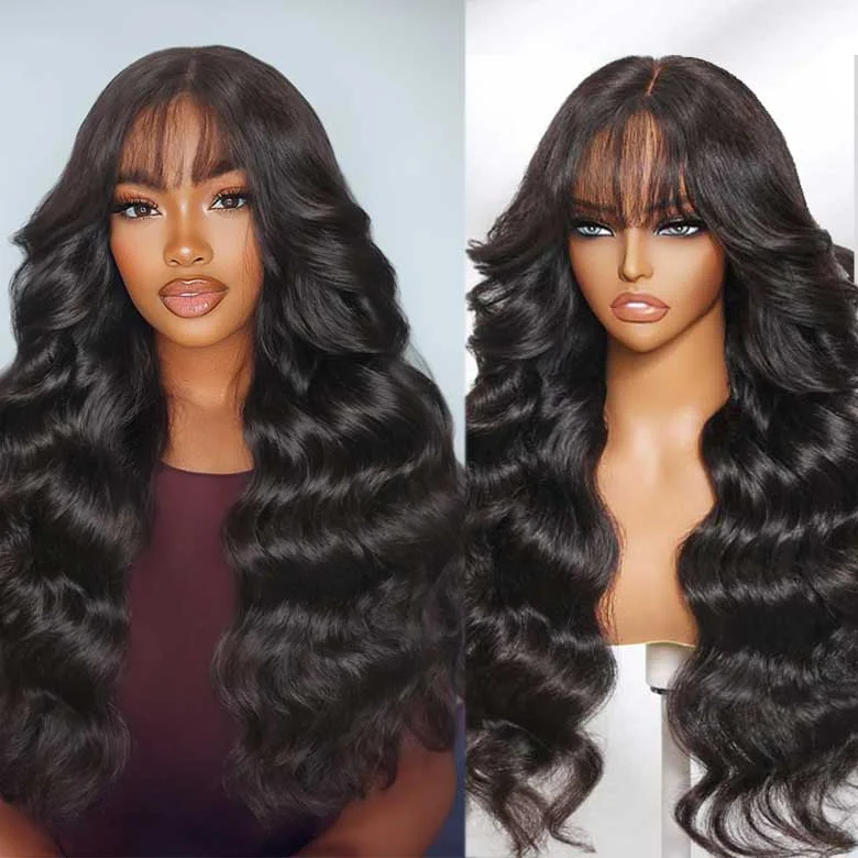 Klaiyi 13x4 3D Fluffy Body Wave Lace Frontal Wig with Bangs & Layers Pre everything Put on and Go Human Hair Wigstop-rated no lace wigs, best wigs, high-quality no lace wigs, top-rated glueless wigs
