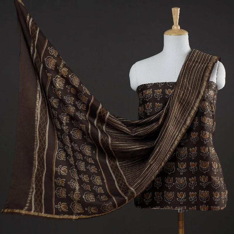 Brown - 3pc Akola Block Printed Chanderi Silk Suit Material Set