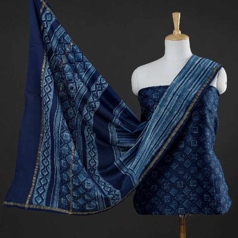 Blue - 3pc Akola Block Printed Chanderi Silk Suit Material Set