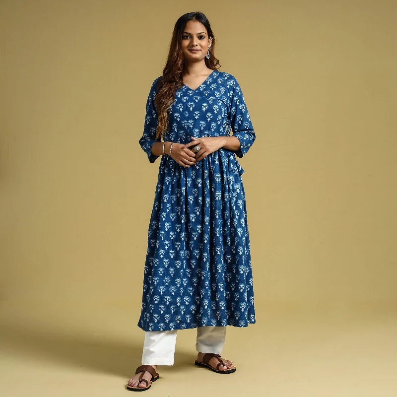 Blue - Dabu Block Printed Cotton Flared Gher Dress