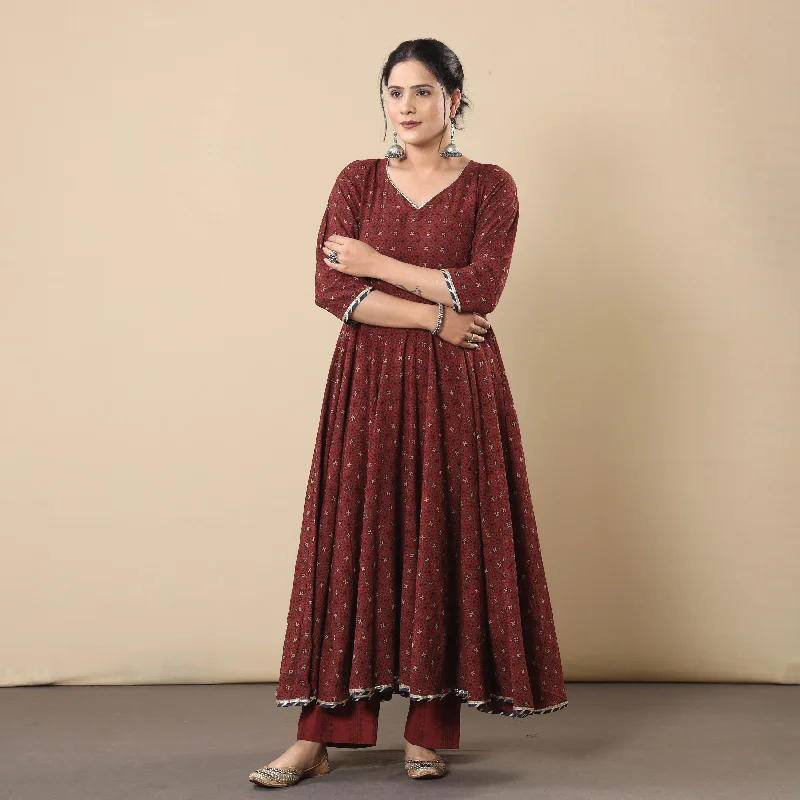 Maroon - Ajrakh Block Printed Cotton Flared Gher Kurta with Pant Set 06