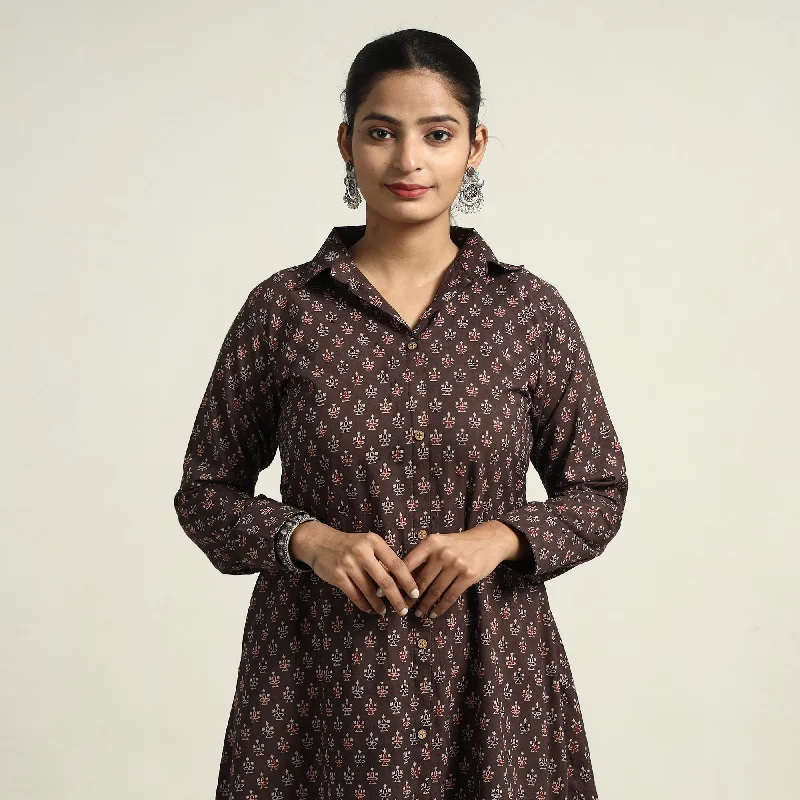 Dark Brown - Ajrakh Hand Block Printed Cotton Dress