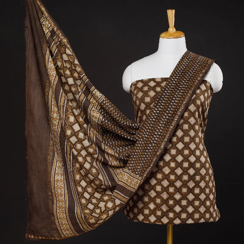 Brown - 3pc Akola Block Printed Cotton Suit Material Set