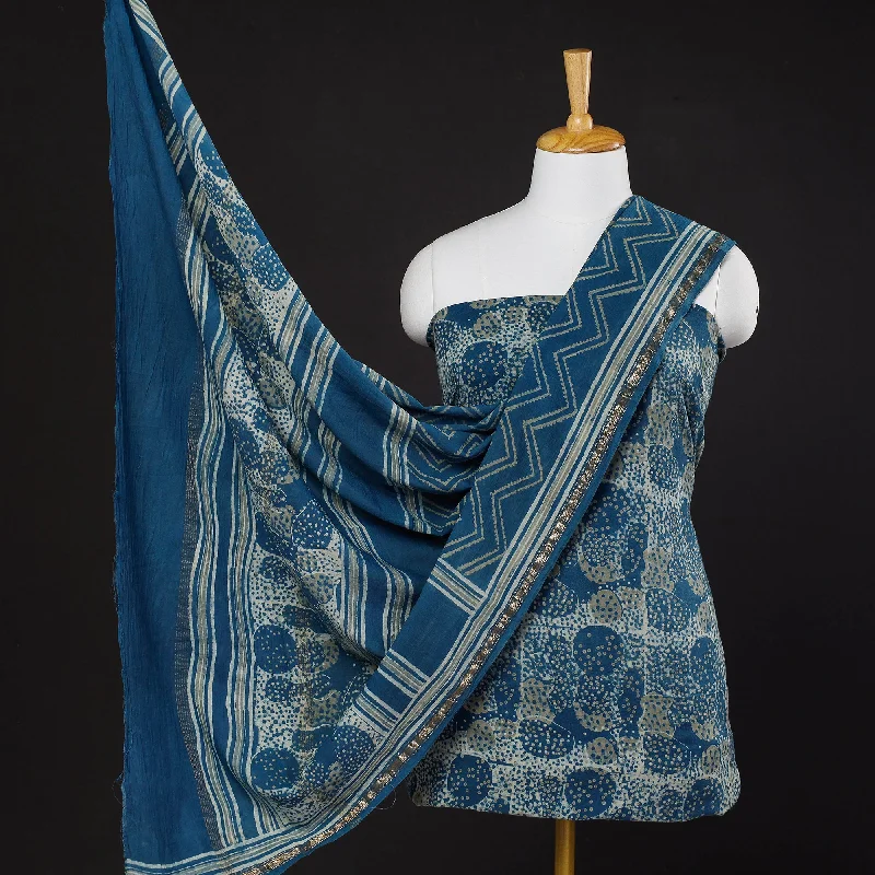 Blue - 3pc Akola Block Printed Cotton Suit Material Set