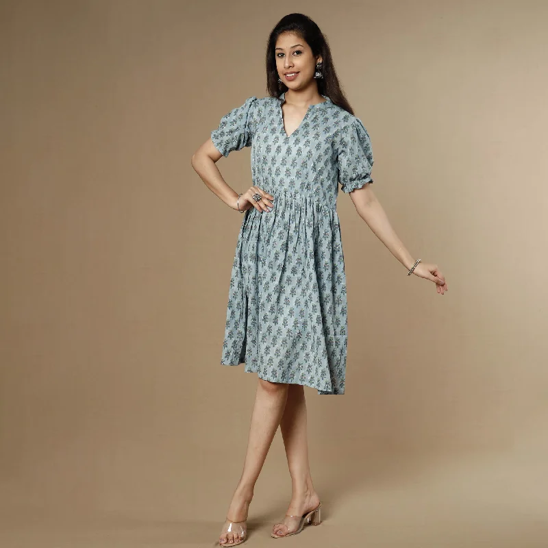 Grey - Sanganeri Block Printed Flare Cotton Dress