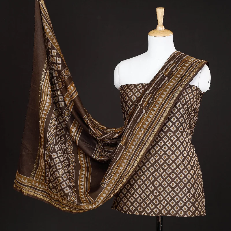 Brown - 3pc Akola Block Printed Chanderi Silk Suit Material Set