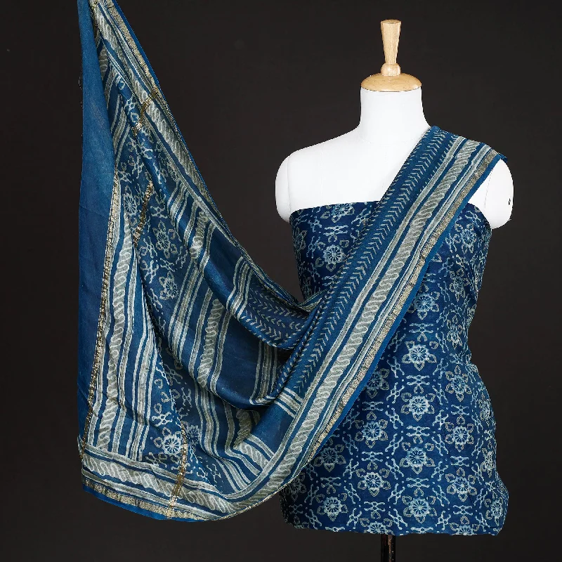 Blue - 3pc Akola Block Printed Chanderi Silk Suit Material Set