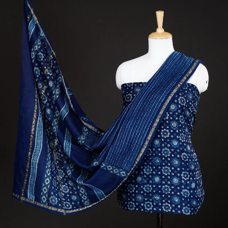 Blue - 3pc Akola Block Printed Chanderi Silk Suit Material Set