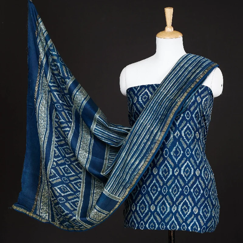 Blue - 3pc Akola Block Printed Chanderi Silk Suit Material Set