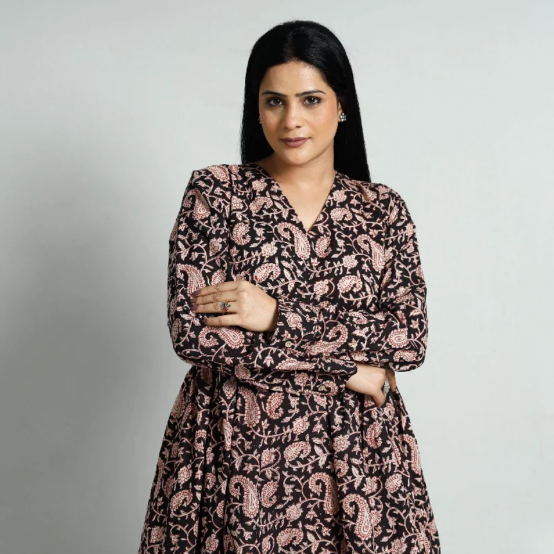 Black - Bagru Block Printed Cotton Flared Dress