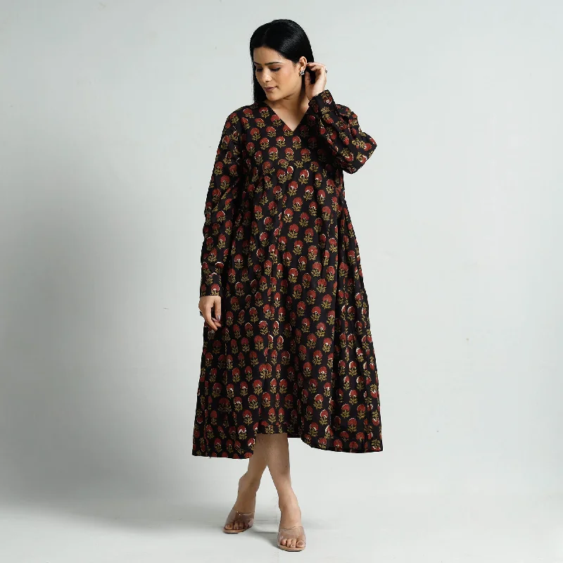 Black - Bagru Block Printed Cotton Flared Dress