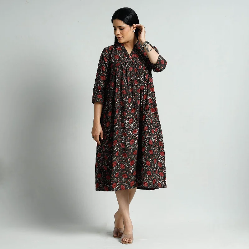 Black - Bagru Block Printed Cotton Flared Dress