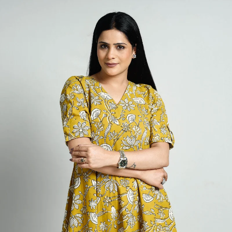 Yellow - Bagru Block Printed Cotton Flared Dress