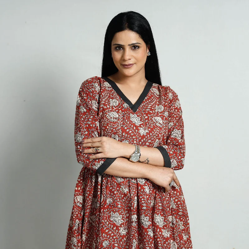 Red - Bagru Block Printed Cotton Flared Dress