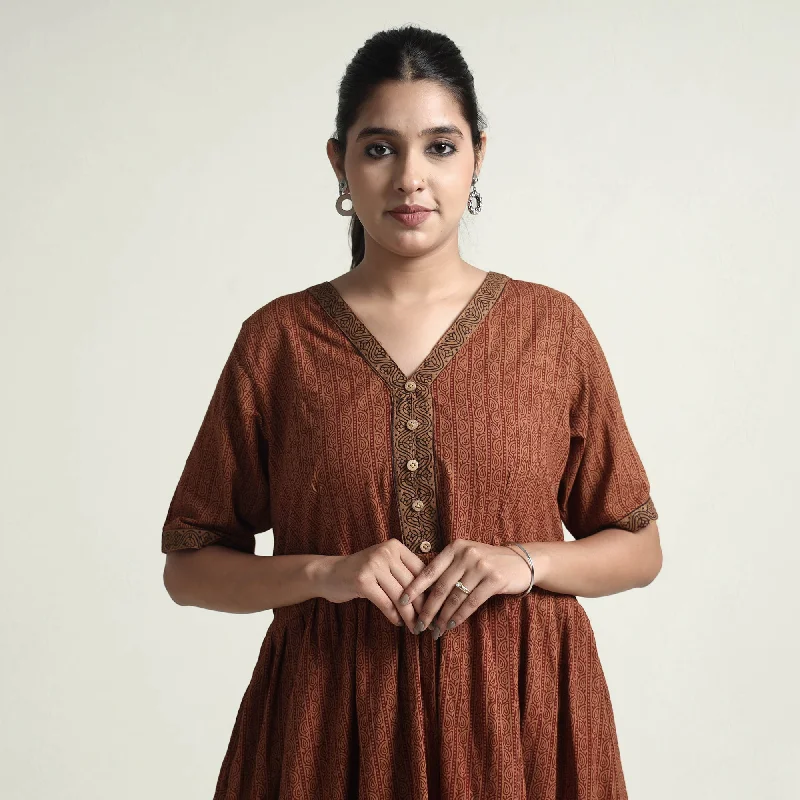 Brown - Bagh Block Printed Cotton Dress