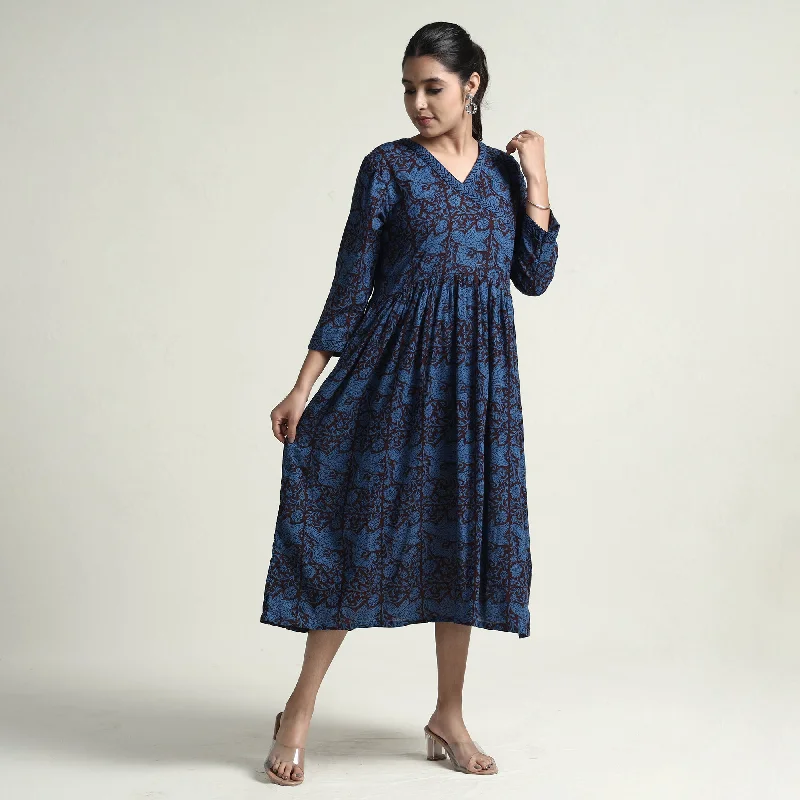 Blue - Bagh Block Printed Cotton Dress