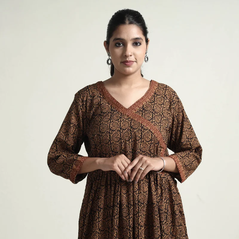 Brown - Bagh Block Printed Cotton Dress