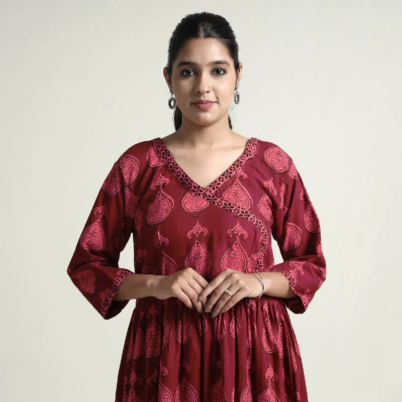 Maroon - Bagh Block Printed Cotton Dress