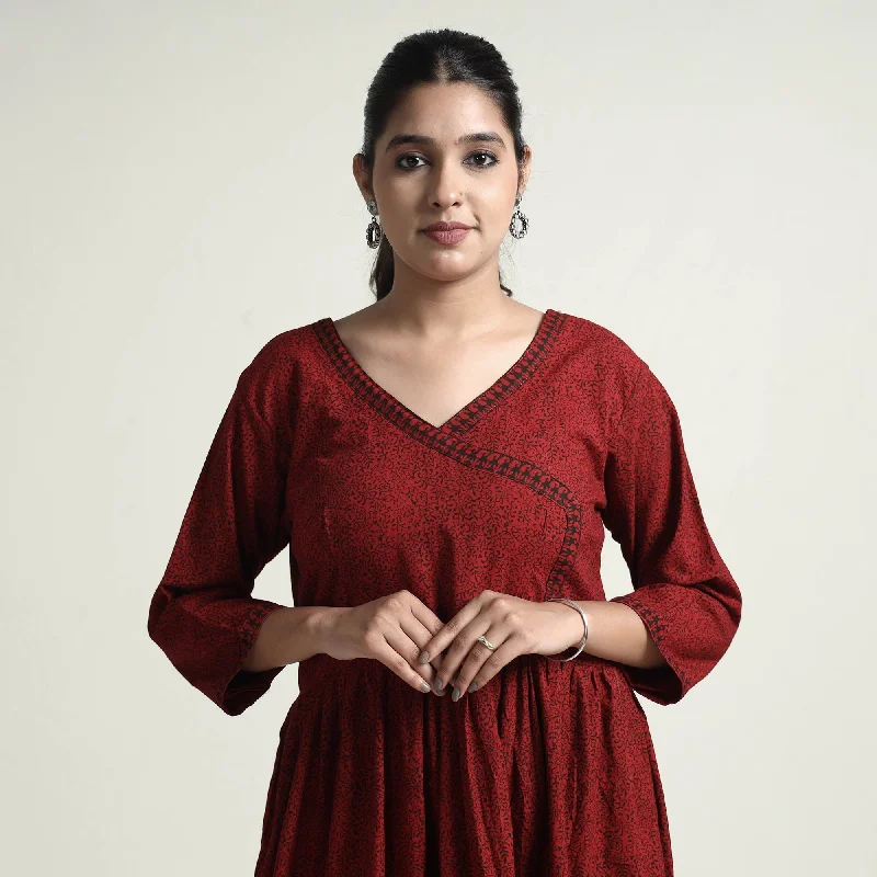 Maroon - Bagh Block Printed Cotton Dress