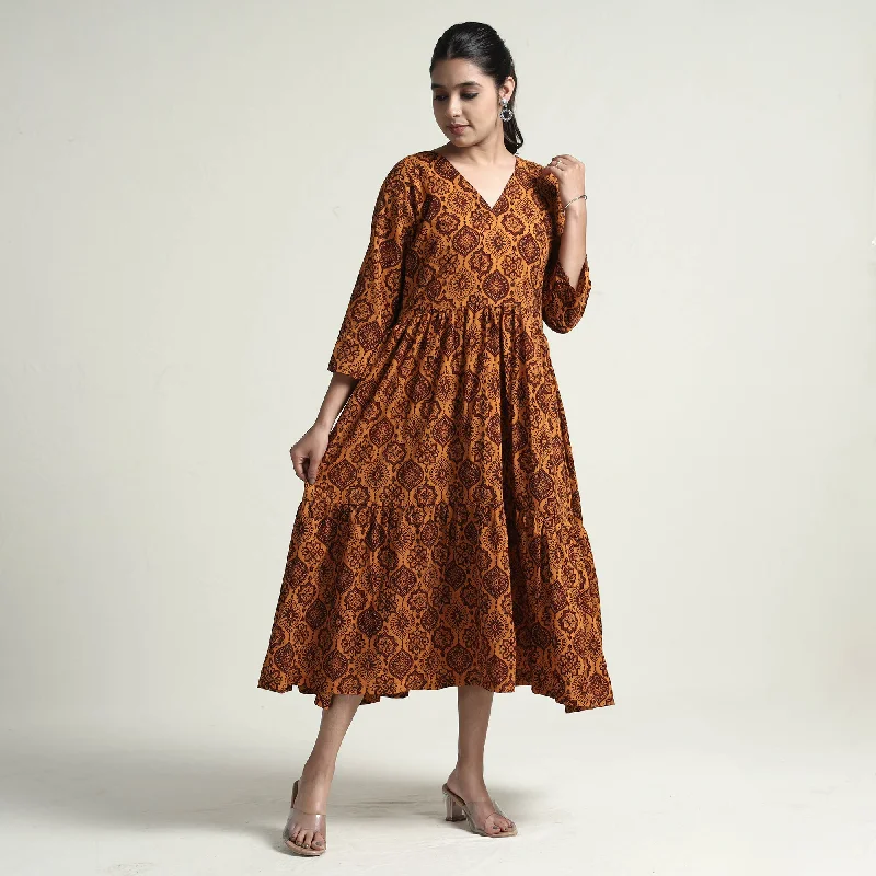 Brown - Bagh Block Printed Cotton Dress