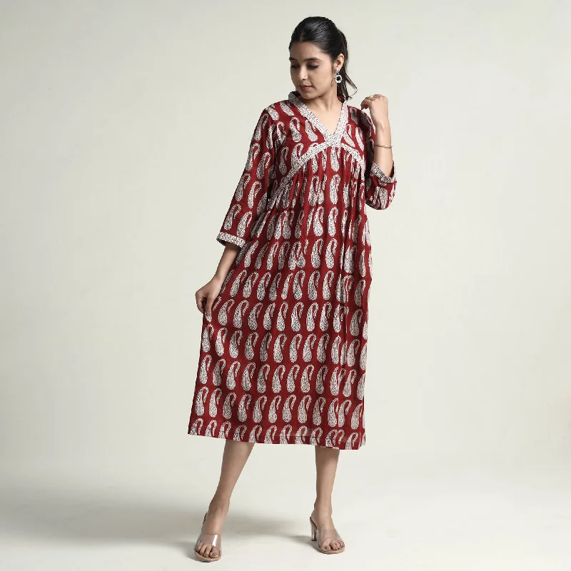 Red - Bagh Block Printed Cotton Dress