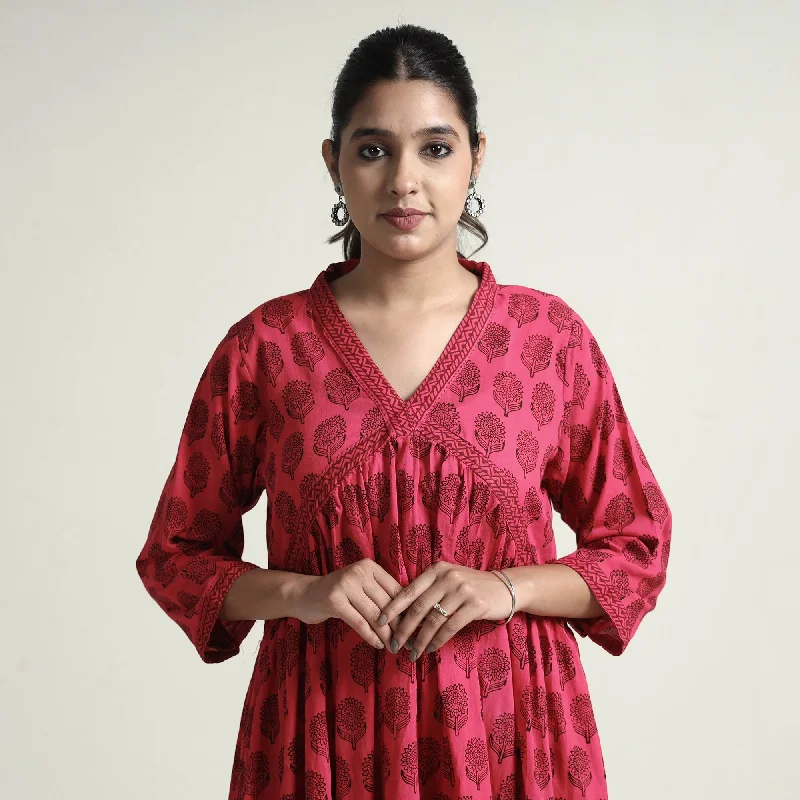 Dark Pink - Bagh Block Printed Cotton Dress