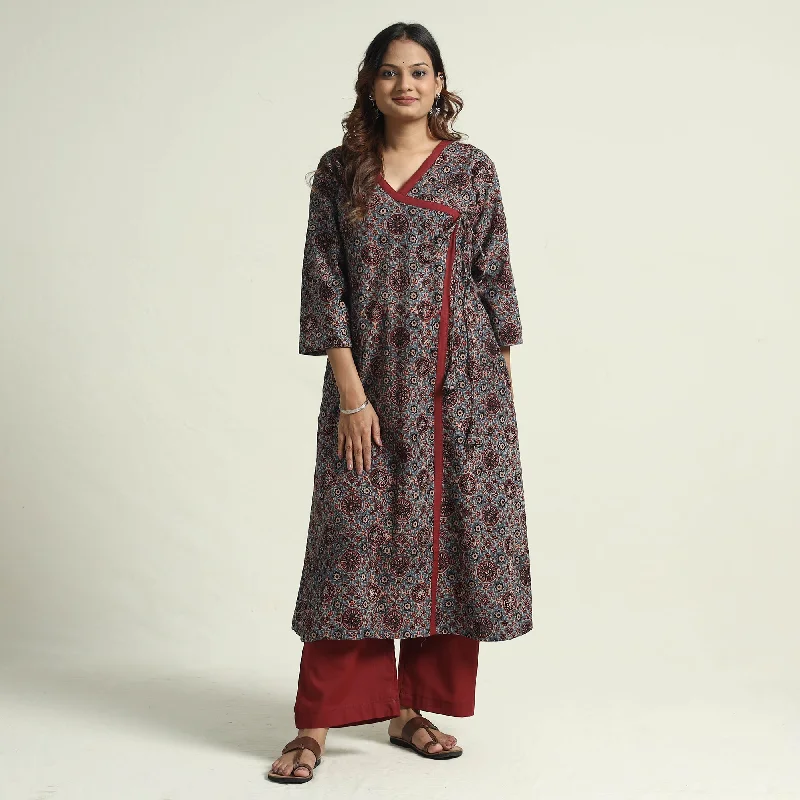 Blue - Ajrakh Block Printed Cotton Flared Kurta with Palazzo Set