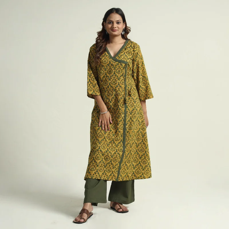 Yellow - Ajrakh Block Printed Cotton Flared Kurta with Palazzo Set