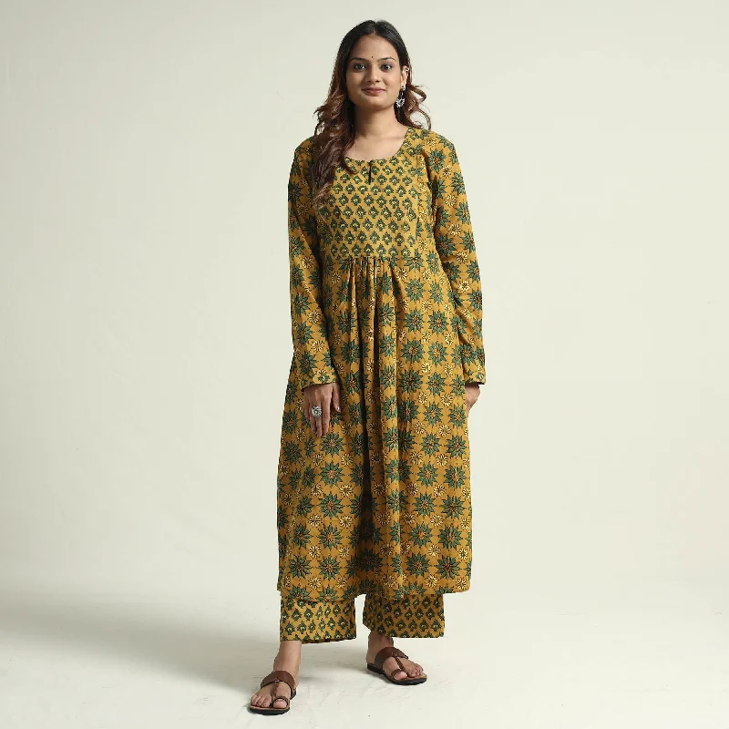 Yellow - Ajrakh Block Printed Cotton Flared Kurta with Palazzo Set