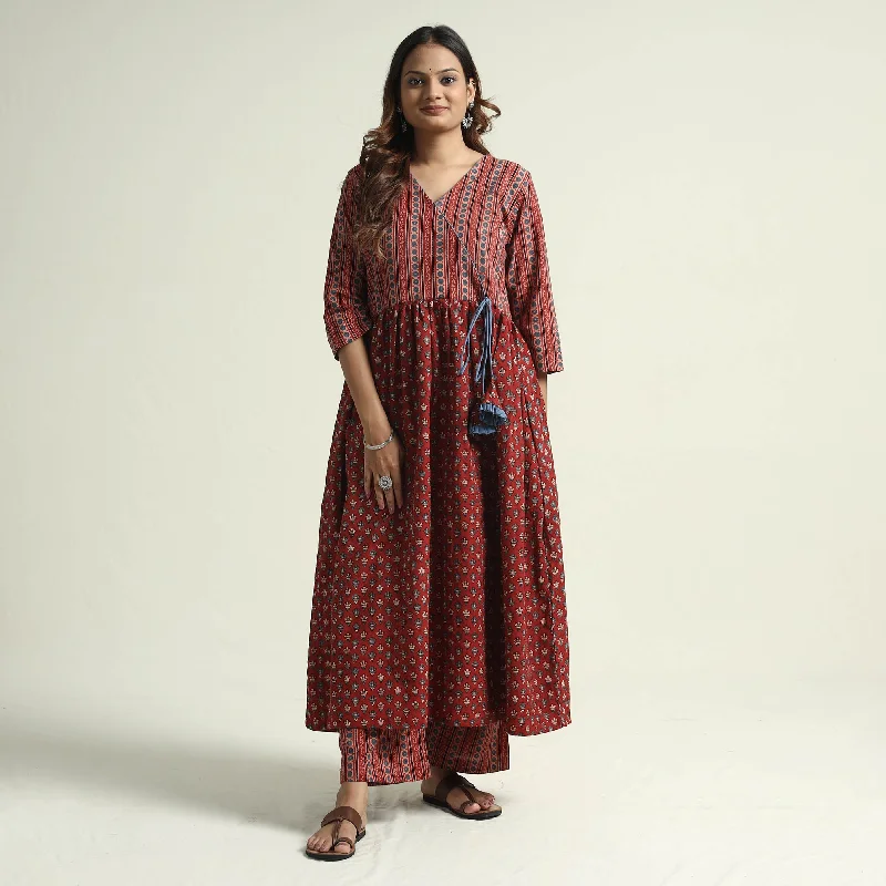 Red - Ajrakh Block Printed Cotton Kurta with Palazzo Set