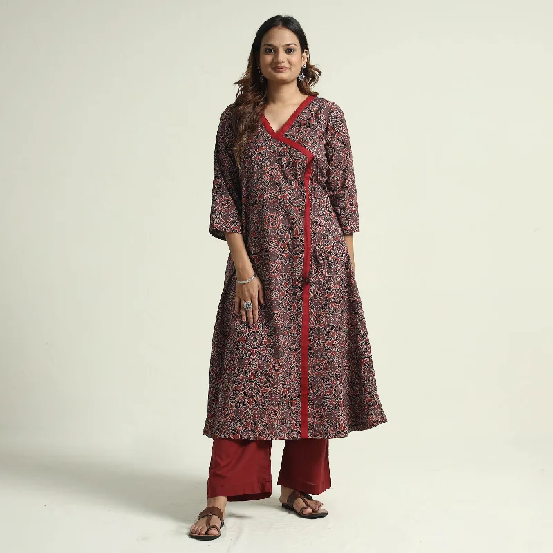 Brown - Ajrakh Block Printed Cotton Flared Kurta with Palazzo Set